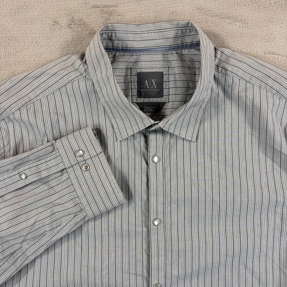 A/X Armani Exchange Pearl Snap Shirt Men XL Grey‎ Striped Performance NWOT